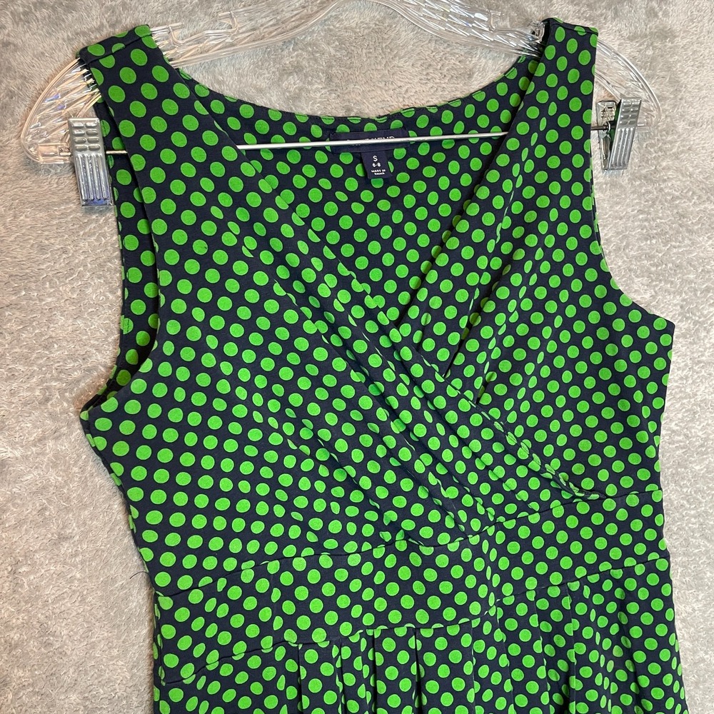 Lands End Women Polka Dot Fit‎ Flare Dress S Quirky Retro Mod Classic Surplice